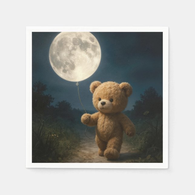 Teddy Bear Walking With a Moon Balloon Napkin (Front)