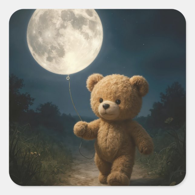 Teddy Bear Walking With a Moon Balloon Square Sticker (Front)