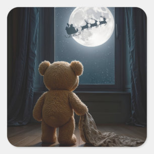 Teddy Bear Watching Santa Claus and Reindeer Square Sticker