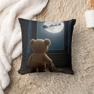 Teddy Bear Watching Santa Claus and Reindeer Throw Pillow