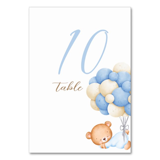 Teddy Bear Watercolor Balloons Table 10 Number  Table Number (Front)