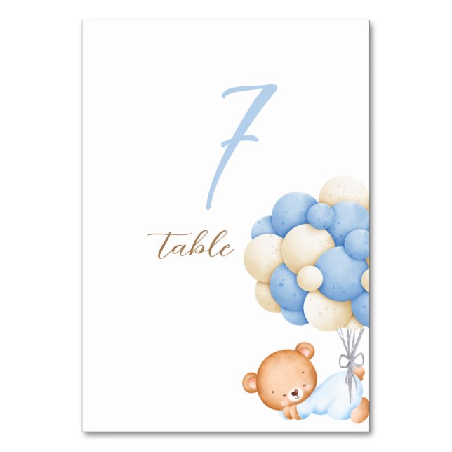 Teddy Bear Watercolor Balloons Table 7 Number Card (Front)