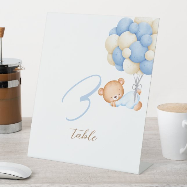 Teddy Bear Watercolor Balloons Table Number Card Pedestal Sign (In SItu)