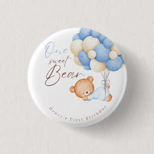Teddy Bear Watercolor Boy 1st Birthday Party 1 Inch Round Button
