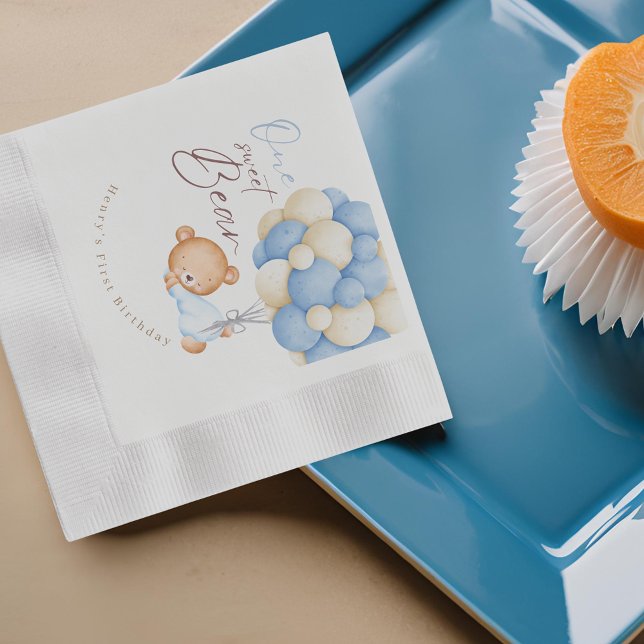 Teddy Bear Watercolor Boy 1st Birthday Party  Napkin (Creator Uploaded)