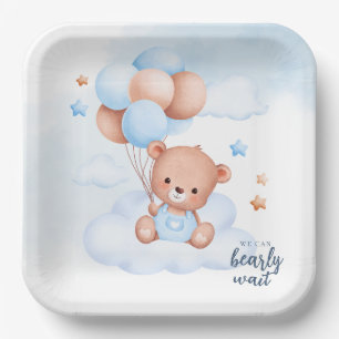 Teddy Bear Watercolor Boy Baby Shower Customizable Paper Plate