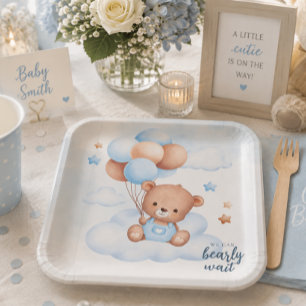 Teddy Bear Watercolor Boy Baby Shower Customizable Paper Plate