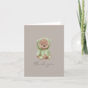 Teddy Bear Watercolor Green Brown Neutral  Thank You Card