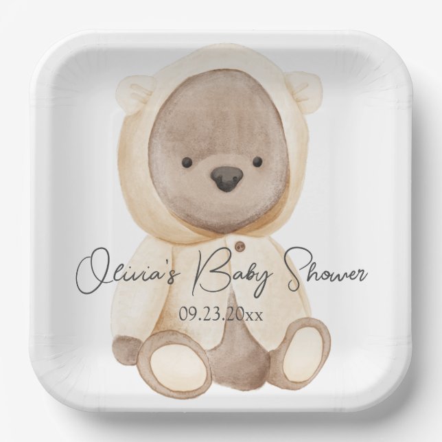 Teddy Bear Watercolor Personalized Baby Shower Paper Plate (Front)
