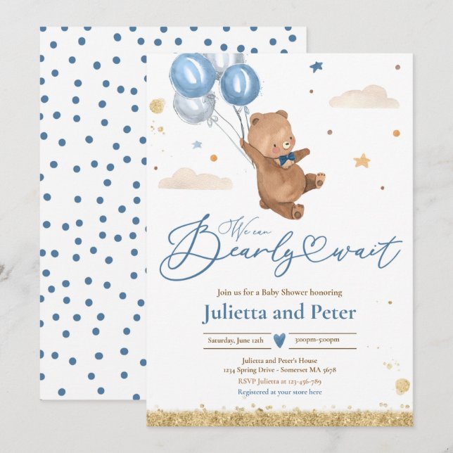 Teddy Bear We Can Bearly Wait Boy Baby Shower Invi Invitation (Front/Back)