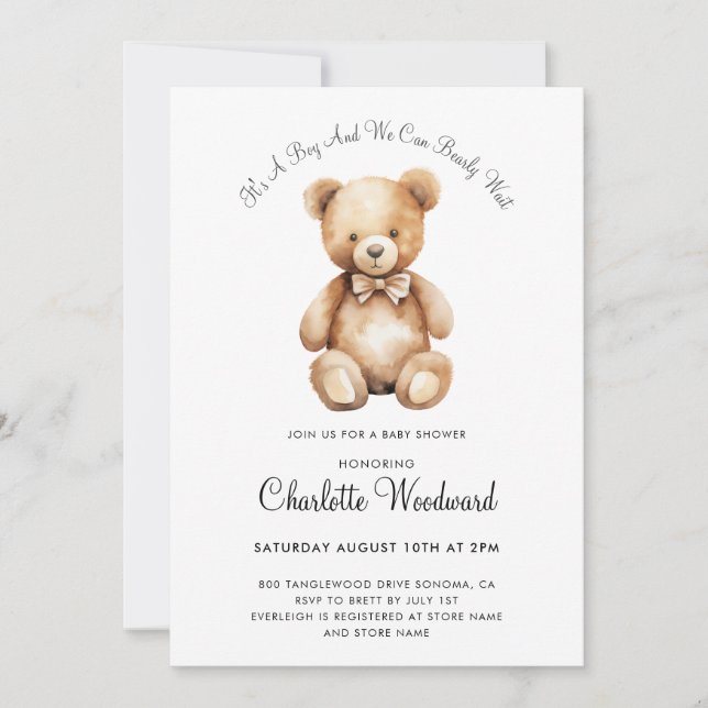 Teddy Bear We Can Bearly Wait Boy Baby Shower Invitation (Front)