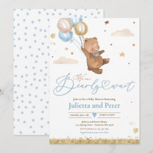 Teddy Bear We Can Bearly Wait Boy Baby Shower Invitation