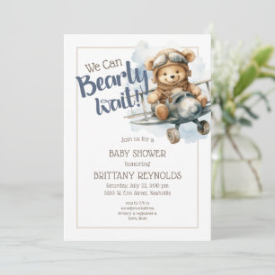 Teddy Bear We Can Bearly Wait Boy Baby Shower Invitation