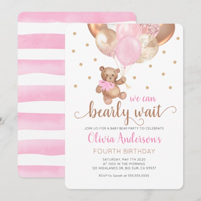 Teddy Bear We Can Bearly Wait Girl Baby Birthday Invitation (Front/Back)