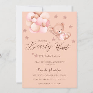 Teddy Bear We Can Bearly Wait Girl Baby Shower Inv Invitation