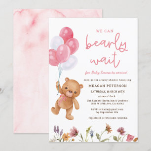 Teddy Bear We Can Bearly Wait Girl Baby Shower Invitation