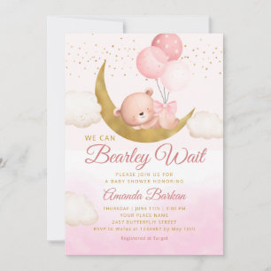 Teddy Bear We Can Bearly Wait Girl Baby Shower Invitation