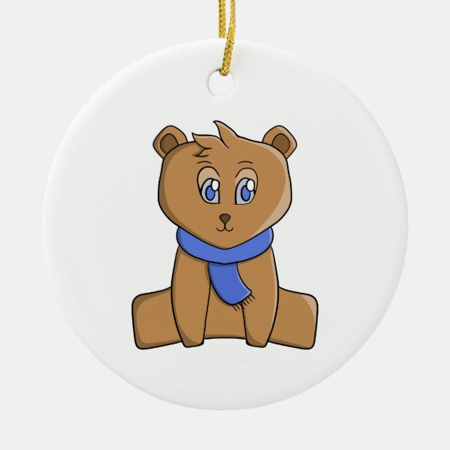 Teddy bear wearing a blue scarf ceramic ornament (Front)