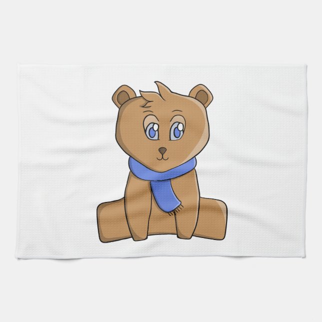 Teddy bear wearing a blue scarf kitchen towel (Horizontal)