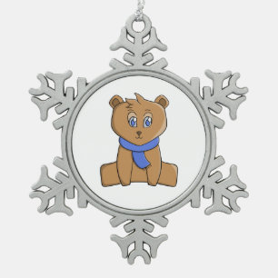 Teddy bear wearing a blue scarf snowflake pewter christmas ornament