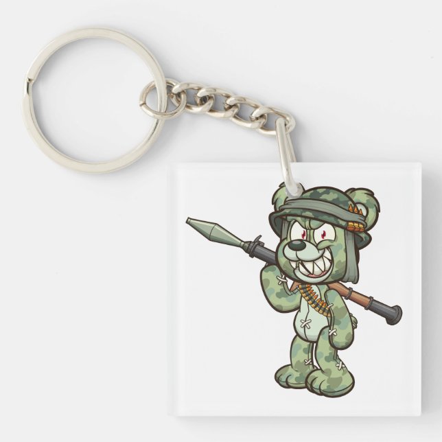 teddy bear wearing a military helmet and holding a keychain (Front)