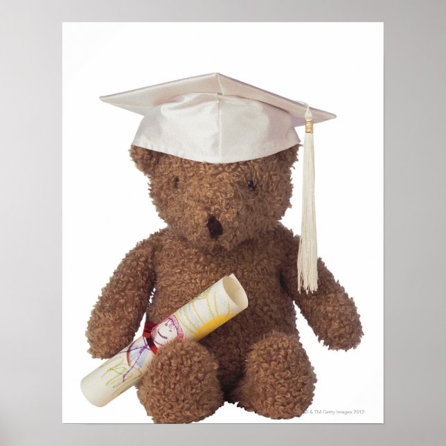 Teddy bear wearing mortarboard and with crayon poster (Front)