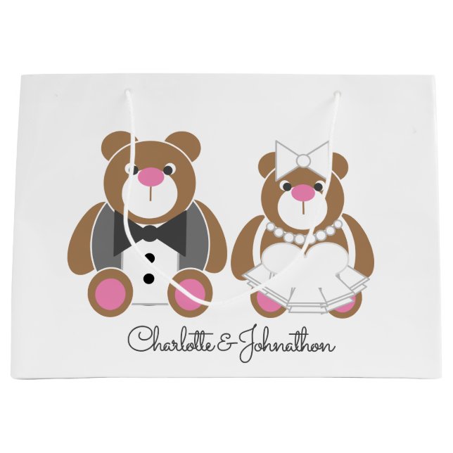 Teddy bear wedding cute white large gift bag (Front)