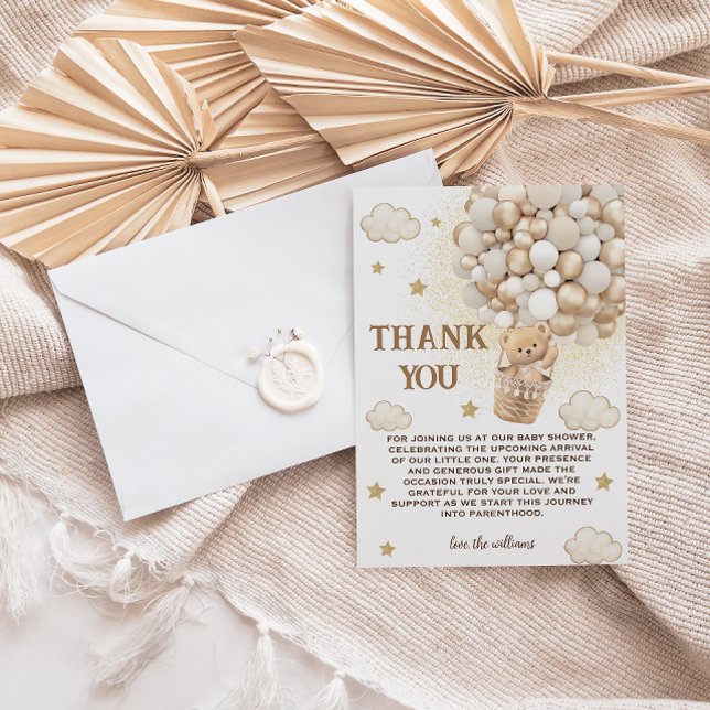 Teddy bear White Gold Balloons Baby Shower Thank You Card (Creator Uploaded)