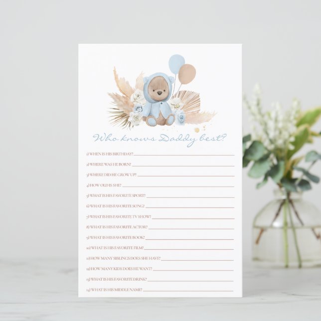 Teddy Bear Who Know Daddy Best Baby Shower Game (Standing Front)