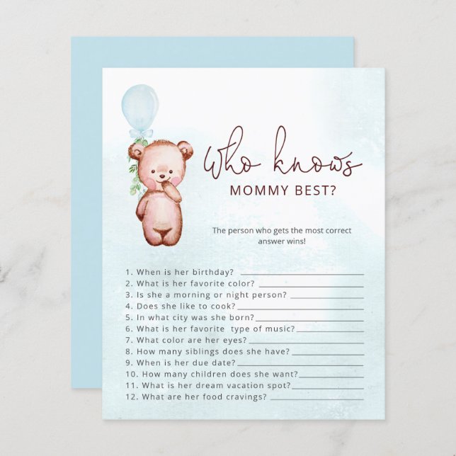 Teddy Bear Who Know Mommy Best Baby Shower Game (Front/Back)