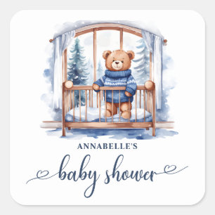 Teddy Bear Winter Boy Baby Shower  Square Sticker