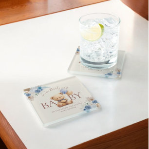 Teddy Bear With Balloon Boho Blue Rose Baby Shower Glass Coaster