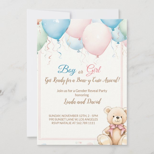 Teddy Bear with Balloons Baby Shower Reveal In Invitation (Front)