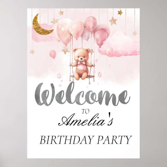Teddy Bear with Balloons  birthday Welcome Sign (Front)