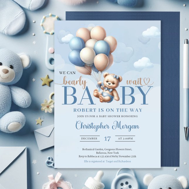 Teddy bear with balloons descending from the sky invitation (We can bearly wait - boy baby shower invitation teddy bear blue and brown balloons)