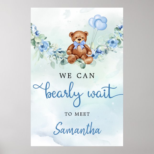 Teddy Bear With Balloons Greenery Boy Welcome Sign (Front)