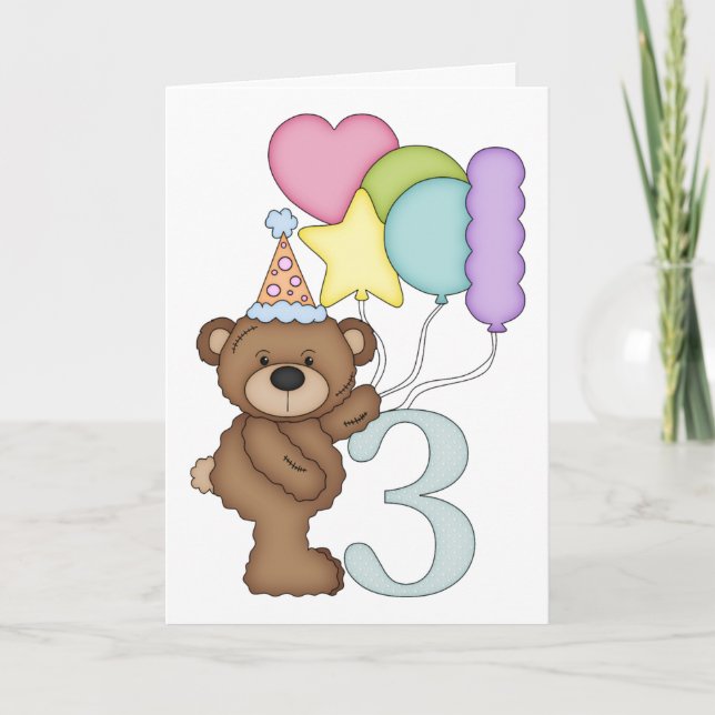 Teddy Bear with Balloons Kids Third Birthday Card (Front)