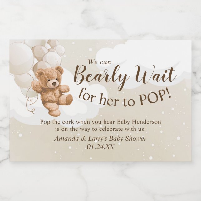 Teddy Bear with Balloons Mini Sparkling Wine Label (Single Label)