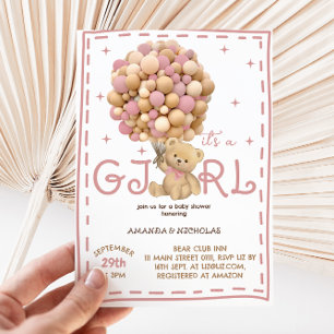 Teddy Bear With Balloons Pink Baby Girl Shower Invitation