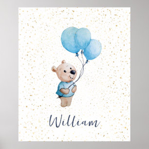 Teddy Bear with Balloons Watercolor Nursery Poster