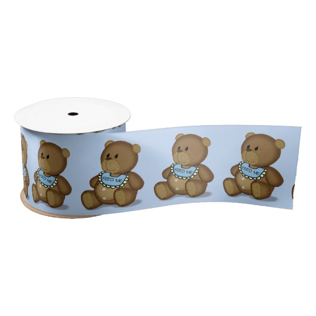 Teddy Bear with Bib on Blue Satin Ribbon (Spool)