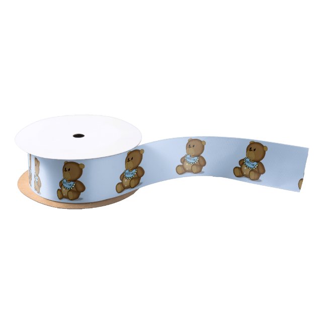 Teddy Bear with Bib on Blue Satin Ribbon (Spool)