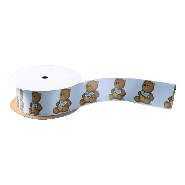 Teddy Bear with Bib on Blue Satin Ribbon (Spool)