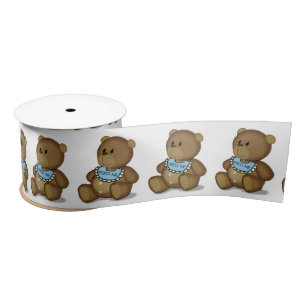 Teddy Bear with Bib on White Satin Ribbon