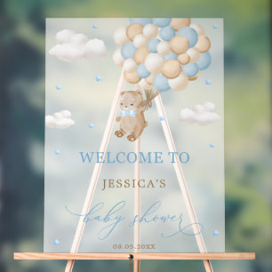 Teddy Bear with Blue Balloons Baby Shower Welcome Acrylic Sign