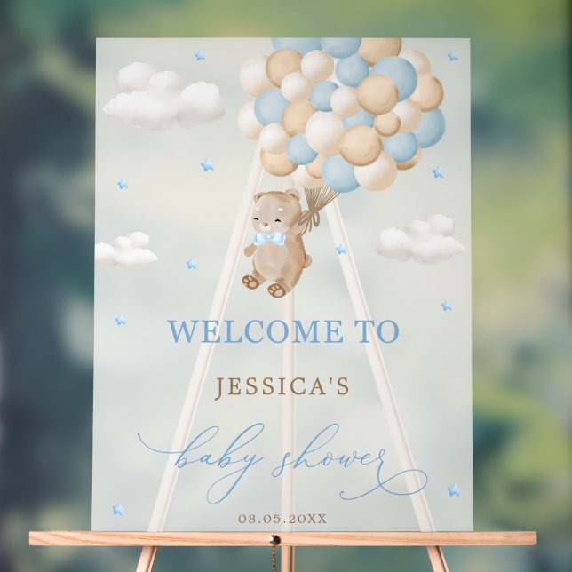 Teddy Bear with Blue Balloons Baby Shower Welcome Acrylic Sign (Neutral)
