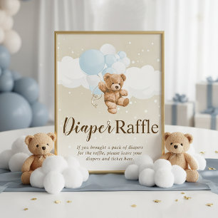 Teddy Bear with Blue Balloons Diaper Raffle Sign