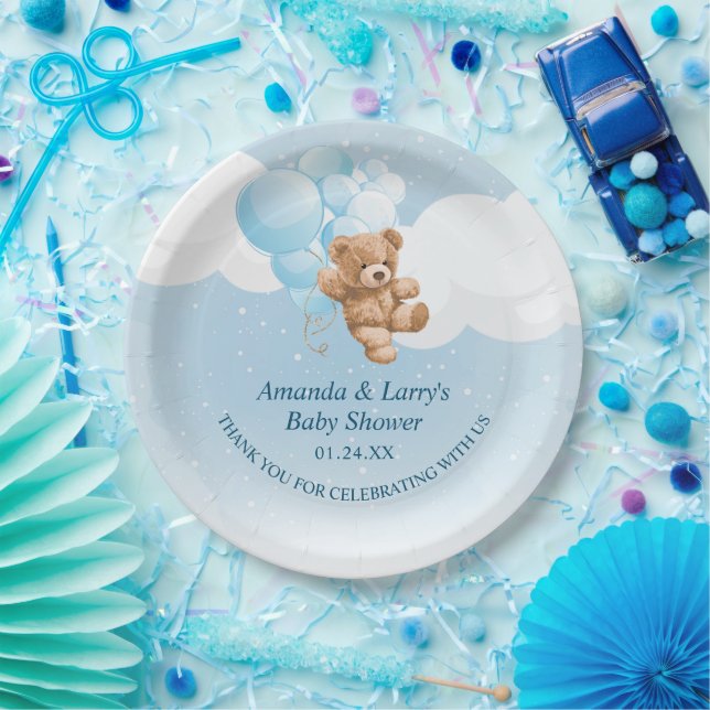 Teddy Bear with Blue Balloons Paper Plates (Party)