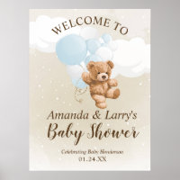Teddy Bear with Blue Balloons Welcome Sign