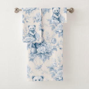 teddy bear with blue roses bath towel set